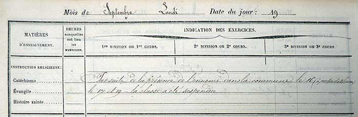 Cahier journal de l'instituteur de la Chapelle Rablais le 19 septembre 1870