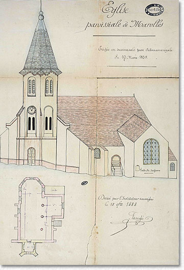 Plan et élévation de l'église de Marolles en Brie 77 ; monographie de l'instituteur 1889 AD77 30 Z 251