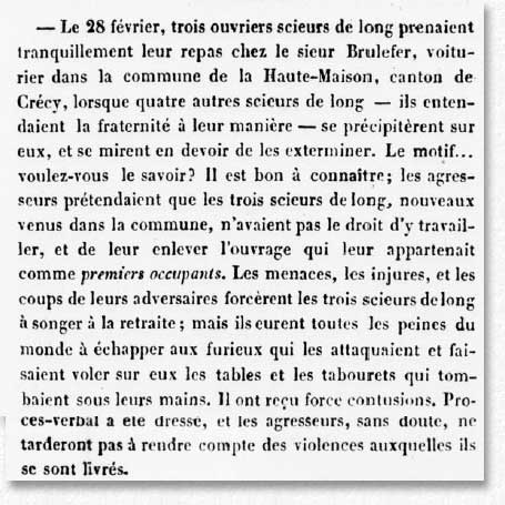 Rivalités entre équipes de scieurs, article du l'Eclaireur de Coulommiers 16 mars 1851