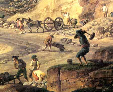 J Vernet: construction d'une route, détail, XVIII° s