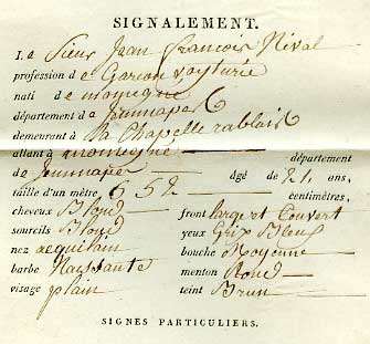 extrait du talon de passeport de Jean Fran&ccedil;ois Nival